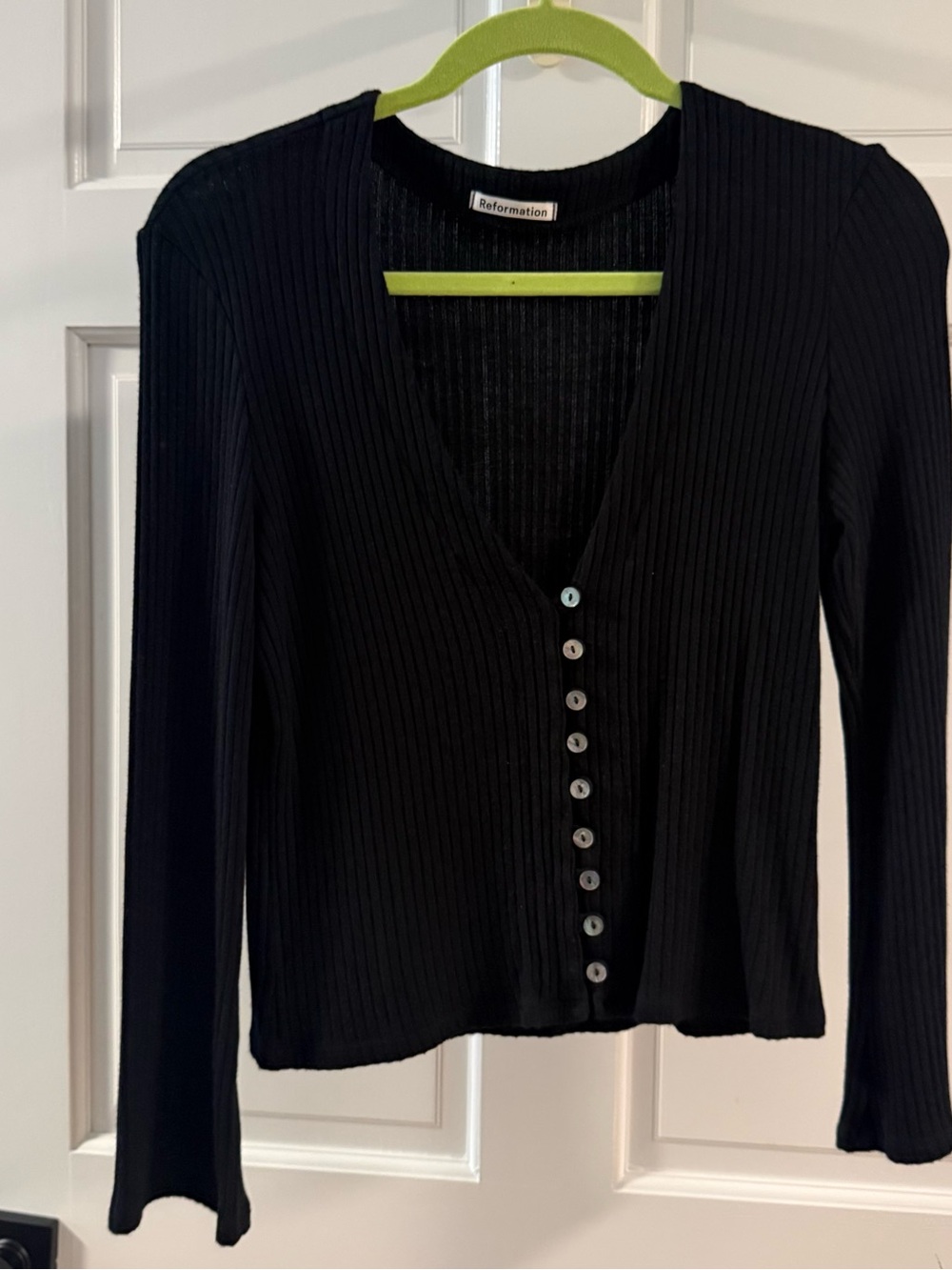 Reformation Black Ribbed V-Neck Button Front Long Sleeve Top